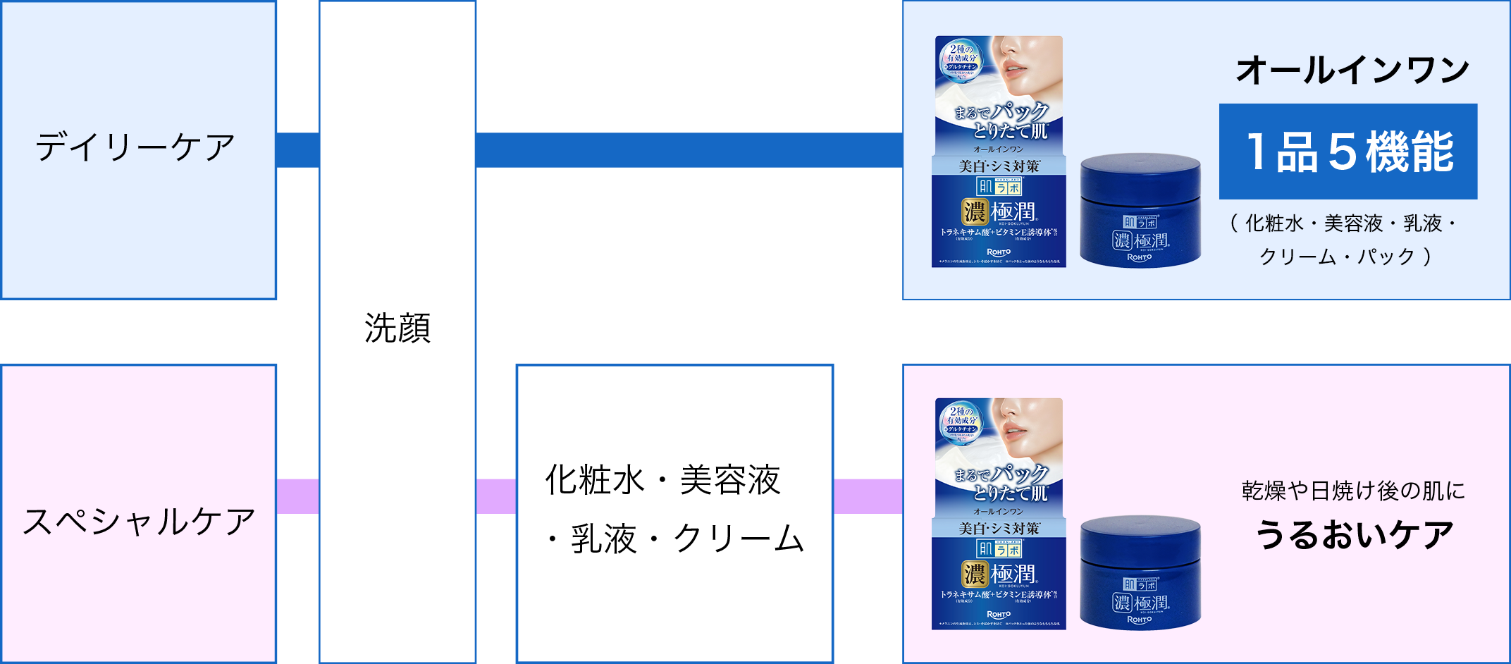 デイリーケア：洗顔→オールインワン １品５機能（化粧水・美容液・乳液・クリーム・パック） スペシャルケア：洗顔→化粧水・美容液・乳液・クリーム→乾燥や日焼け後の肌にうるおいケア