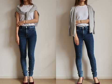 カーディガンを肩に羽織って、気になる二の腕をカバー